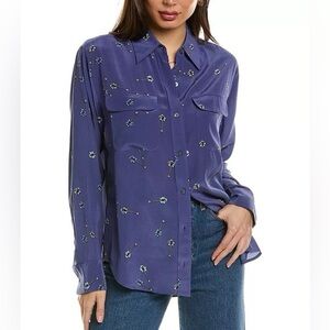 Equipment Blouse Top 100% Silk Floral Guitar Blue Purple Medium M